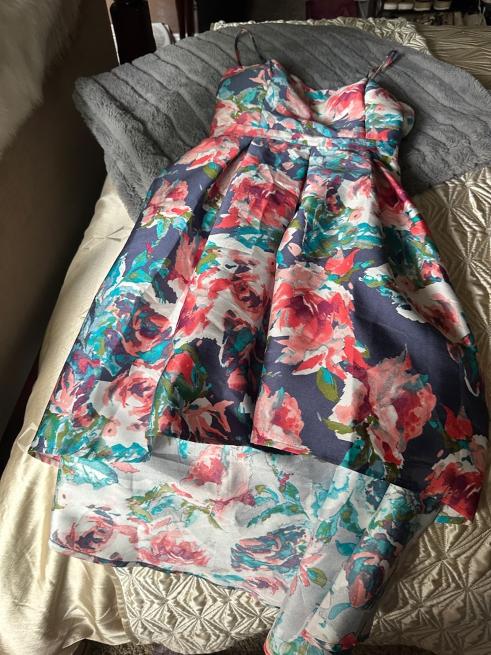 VENUS Navy Floral High-Low Spaghetti Strap Dress with Coral and Teal Accents - Picture 8 of 8